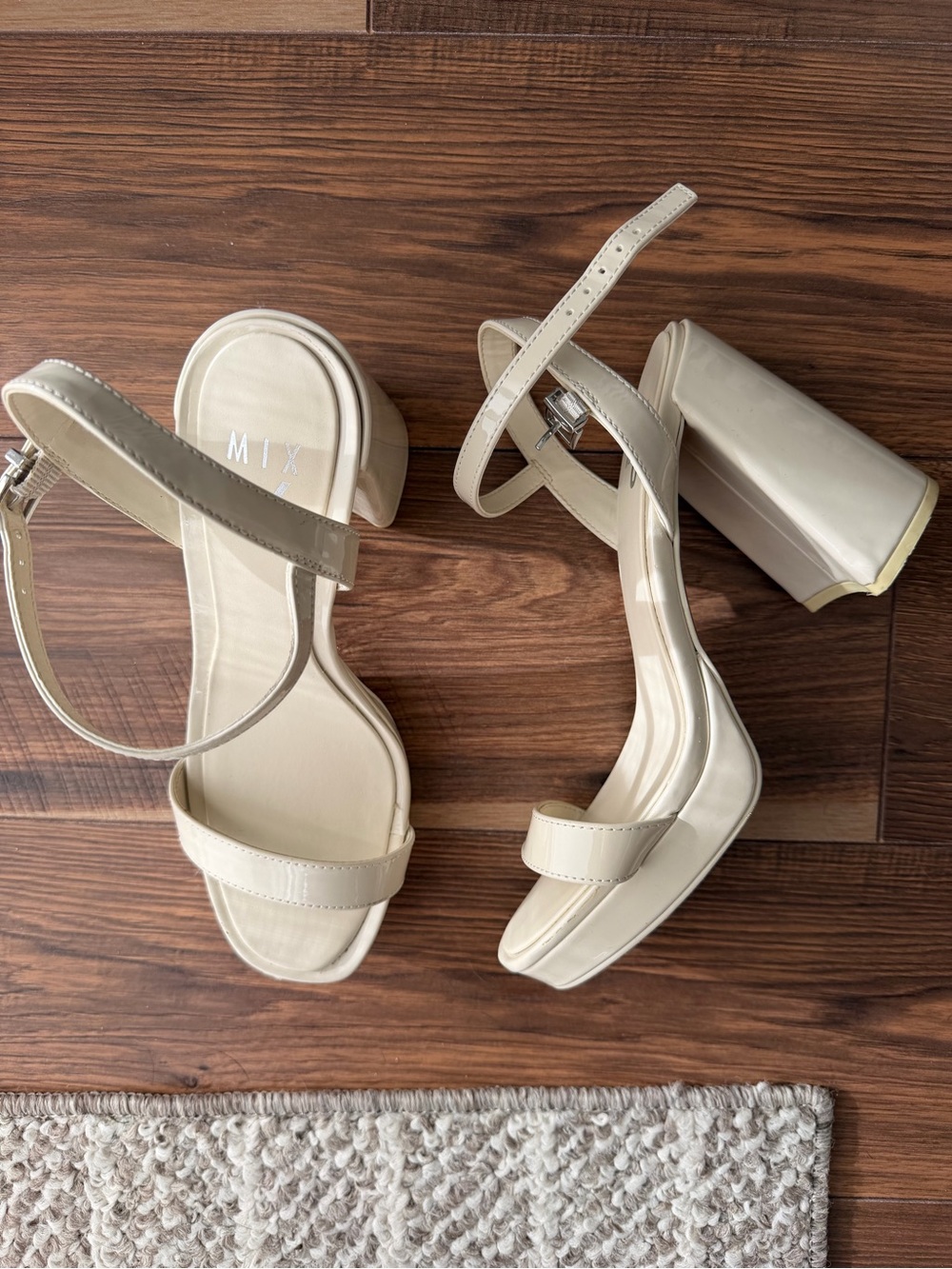 Mix No. 6 Cream Patent Block Heel Sandals with Ankle Strap